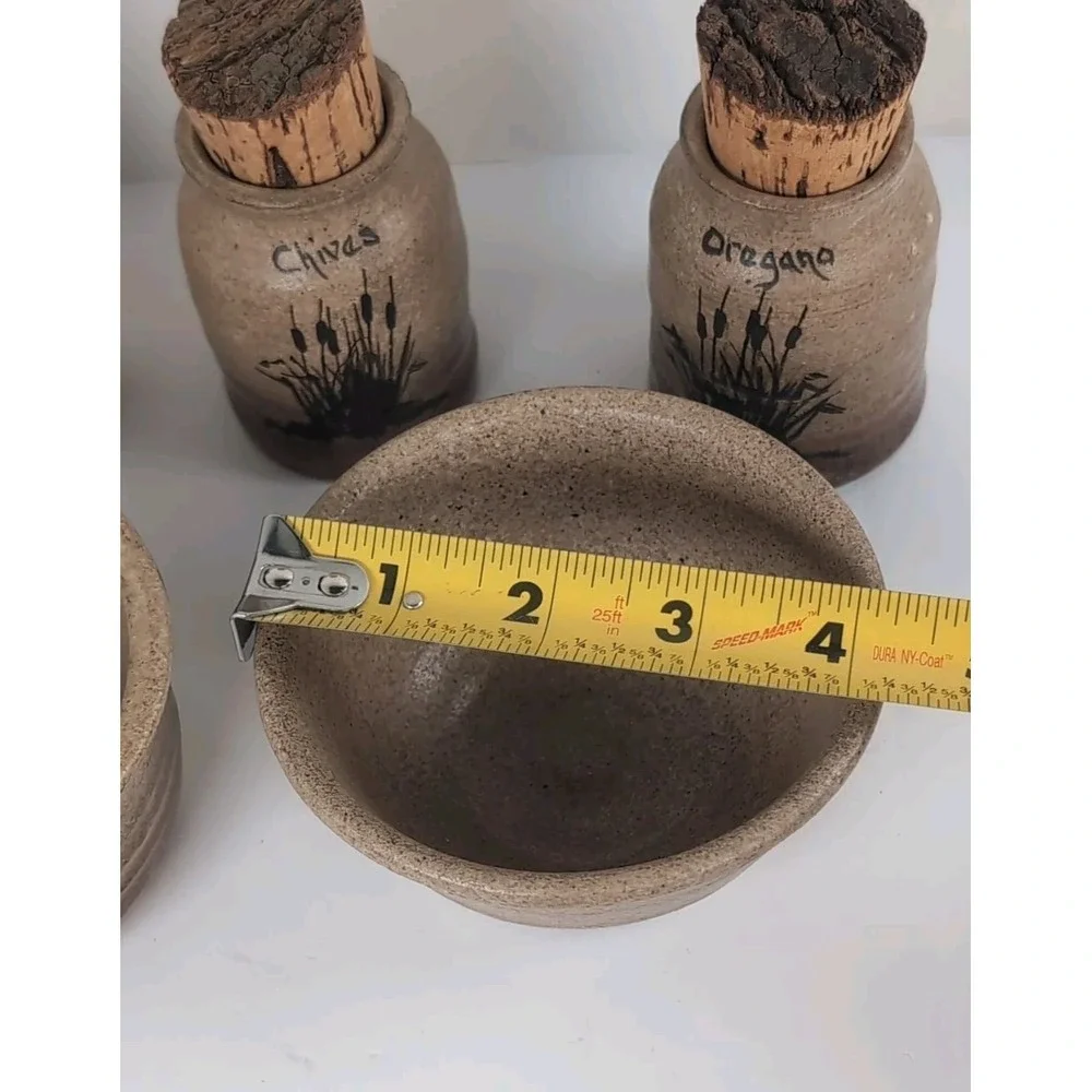 Signed Pottery 3 Spice Jars W/Cork Lids And 2 Bowls Artist P. Francis Vintage